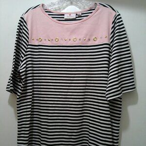 Quacker Factory Black & White Striped Top Pink Color Block & Embellished Size XL